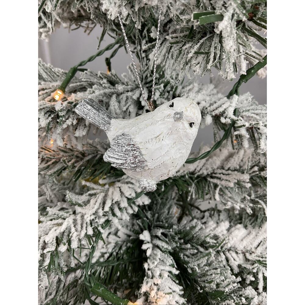 Christmas Ornament- Festive White And Silver Glistening Bird- Christmas Ornament